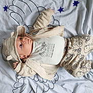 Iliano participe au concours pour gagner de l'argent avec cette photo : baby, bedtime, beige_clothing, blanket, child, cute, face, hat, hoodie, infant, looking_up, lying_down, newborn, onesie, person, plush_print, portrait, socks, soft_lighting, star_pattern