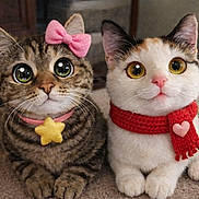 Sushi Et Taka participe au concours pour gagner de l'argent avec cette photo : adorable, animal, bow, calico_cat, cat, close_up, collar, cozy, cute, cute_eyes, feline, floor, friendship, indoor, pets, playful, portrait, scarf, tabby_cat, whiskers