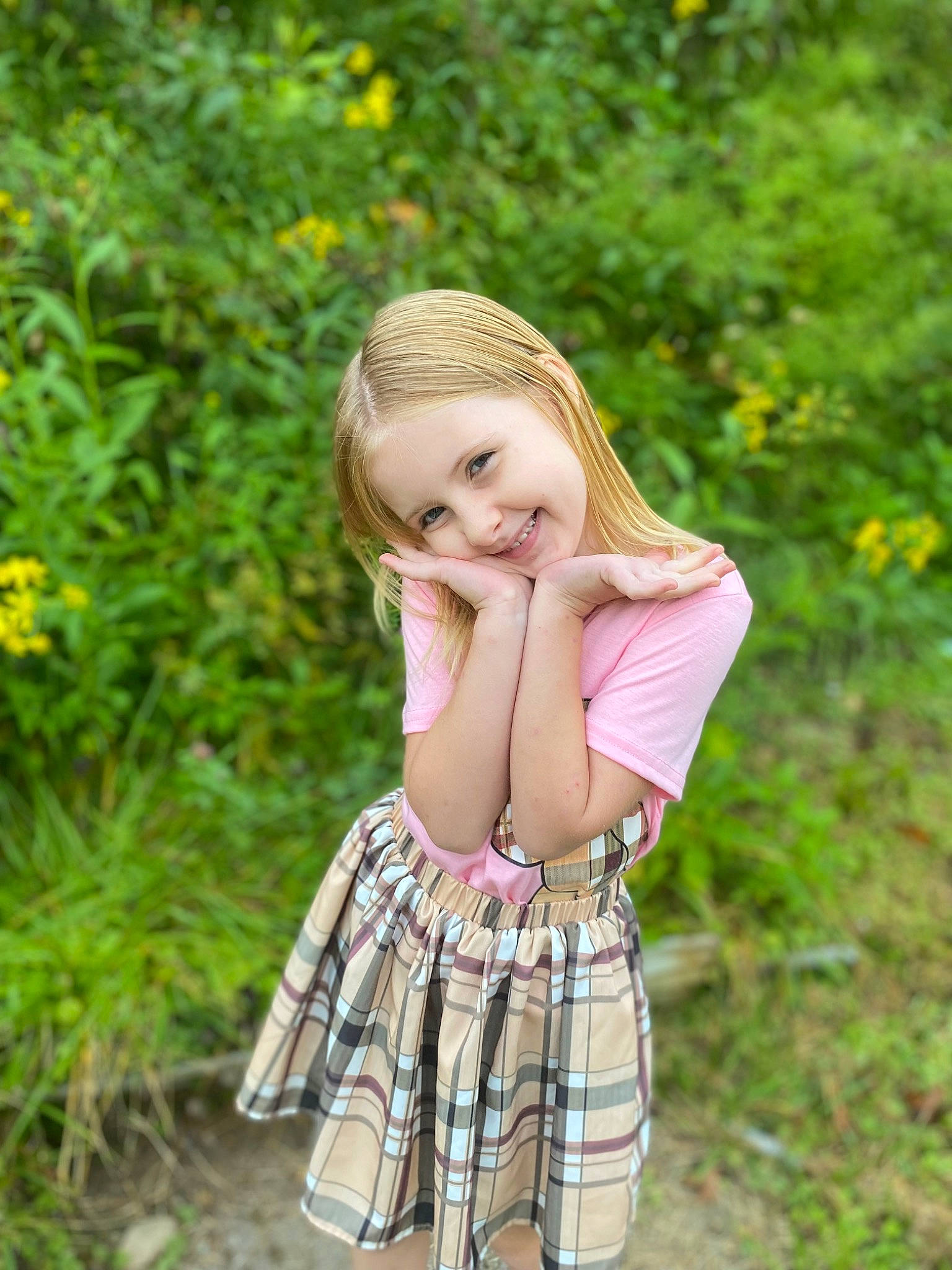 Brooklyn joined the competition — help win amazing prizes! baby_toddler_clothing, dress, face, fawn, grass, hair, hairstyle, hand, happy, head, joy, outerwear, people_in_nature, person, plant, shoulder, skin, sleeve, smile, standing