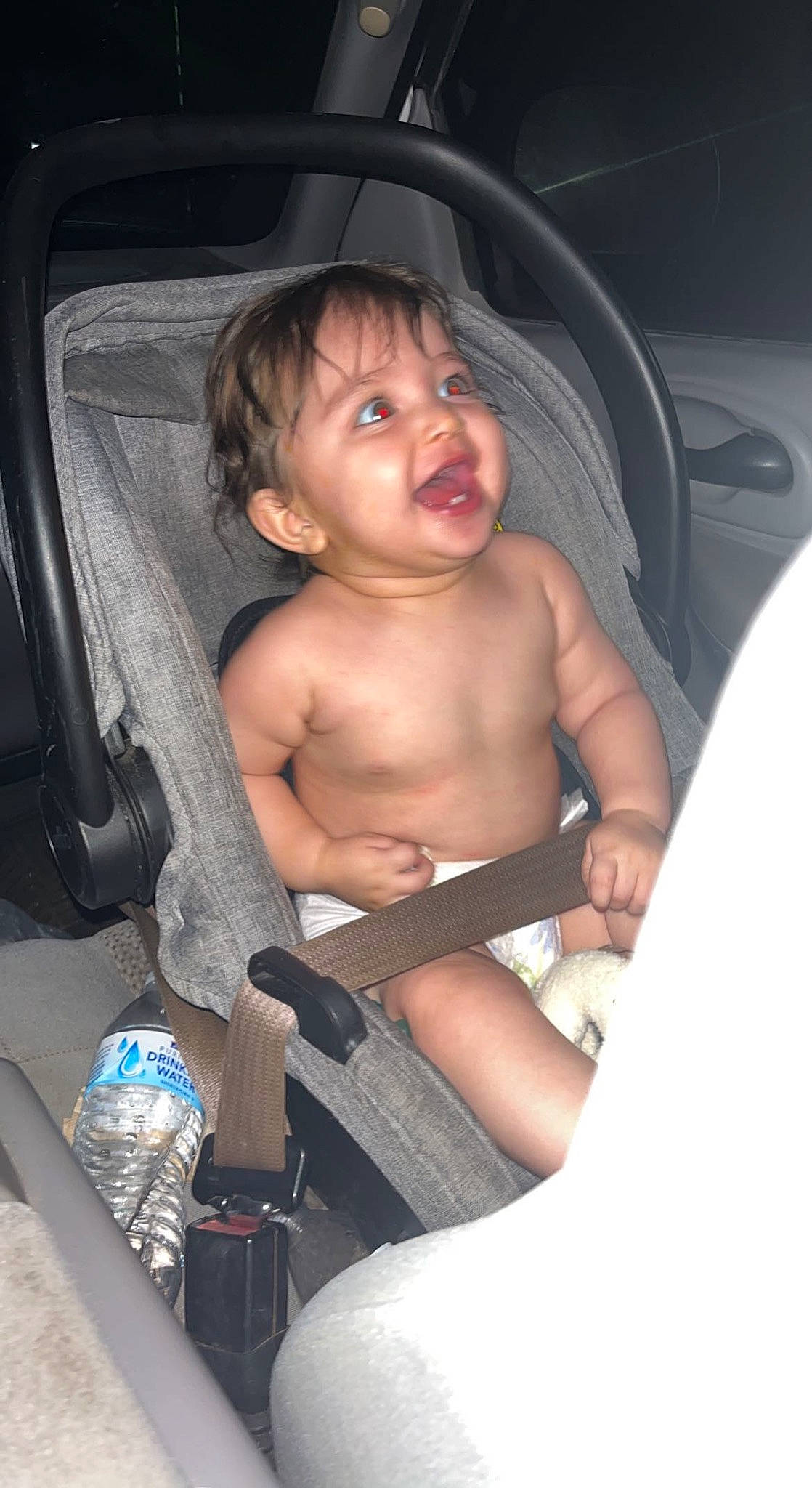 Aviana joined the competition — help win amazing prizes! abdomen, arm, baby, car_seat, chest, child, comfort, elbow, flash_photography, fun, human_body, human_leg, knee, mouth, person, smile, thigh, thumb, toddler, trunk