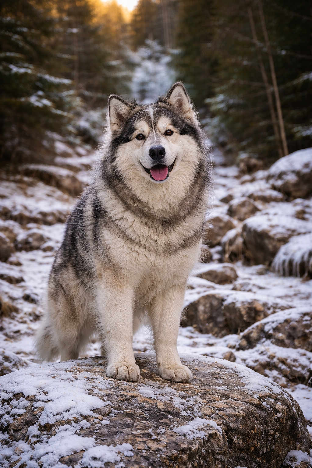 Porkky participe au concours pour gagner de l'argent avec cette photo : dog, alaskan_malamute, snow, rock, forest, winter, outdoor, animal, fur, happy, tongue_out, nature, cold, trees, wildlife, canine, pet, landscape, smiling, standing