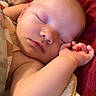 baby, sleeping, infant, portrait, face, closed_eyes, peaceful, cozy, blanket, red_blanket, arm, hand, curled_up, indoors, close_up, soft_lighting, resting, tattoo, caregiver, nap