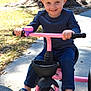 child, toddler, tricycle, outdoor, park, curly_hair, smiling, blue_shirt, dinosaur_shoes, sidewalk, sunlight, tree_trunk, casual_clothing, play, fun, young, happy, footwear, toy, daytime