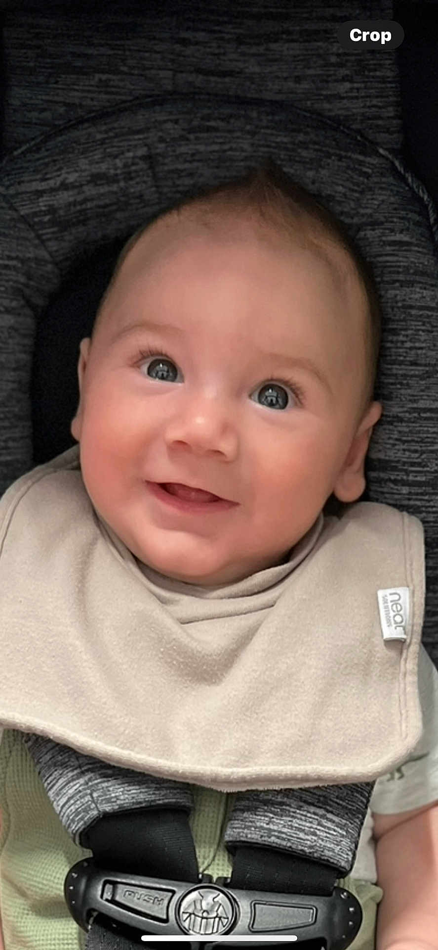 Wilson joined the competition — help win amazing prizes! baby, infant, smile, face, eyes, car_seat, seatbelt, bib, clothing, child, cute, happy, portrait, young_child, baby_boy, straps, safety, indoor, closeup, skin