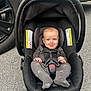 Kingston is registered to the contest to win money with this photo: baby, infant, car_seat, harness, seat_belt, smile, tongue_out, black_canopy, wheel, tire, vehicle, asphalt, parking_lot, onesie, footed_pajamas, safety_label, seat_padding, hands, cute, portrait