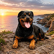 Ohana a rejoint le concours — aidez-le/la à gagner de superbes lots ! rottweiler, dog, sunset, ocean, rocks, cliff, tongue_out, happy, outdoor, nature, coastline, sky, clouds, landscape, pet, animal, smiling, grass, flowers, scenic