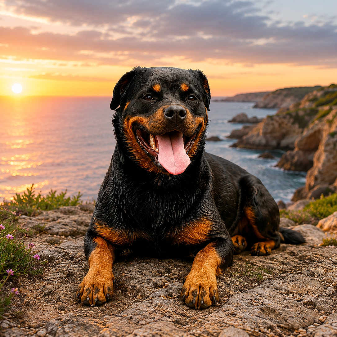 Ohana a rejoint le concours — aidez-le/la à gagner de superbes lots ! rottweiler, dog, sunset, ocean, rocks, cliff, tongue_out, happy, outdoor, nature, coastline, sky, clouds, landscape, pet, animal, smiling, grass, flowers, scenic