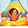 Kayline participe au concours pour gagner de l'argent avec cette photo : animated, bed, blanket, blue_pillow, cartoon, child, cozy, curtains, happy, illustration, indoor, morning, mountains, person, raised_arms, red_shirt, smile, sunrise, window, yellow_blanket