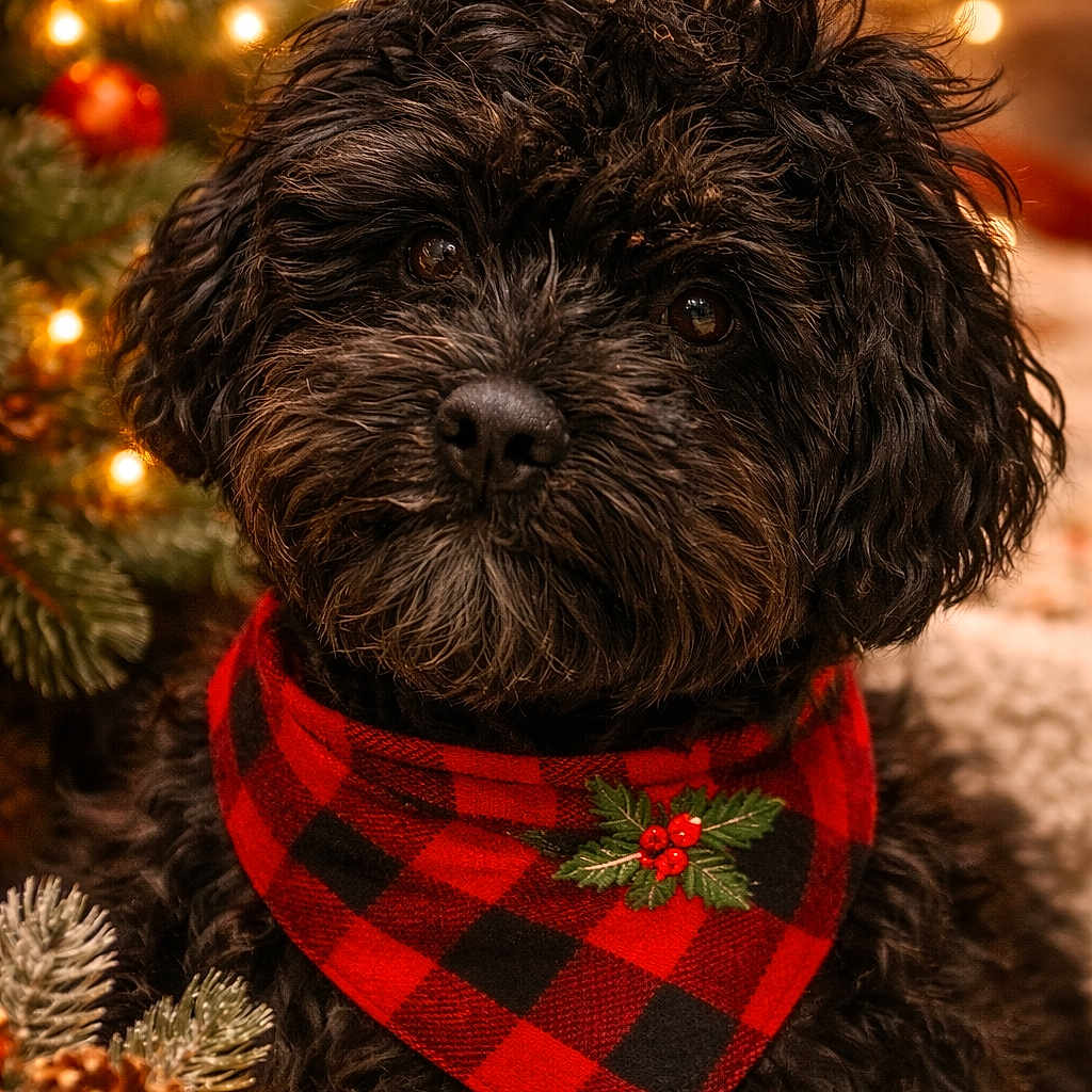 Nashville joined the competition — help win amazing prizes! dog, black_dog, curly_hair, bandana, red_bandana, checkered_pattern, holly, christmas_tree, pine_cones, christmas_lights, ornaments, holiday, festive, portrait, cute, pet, indoors, warm_lighting, decorations, seasonal