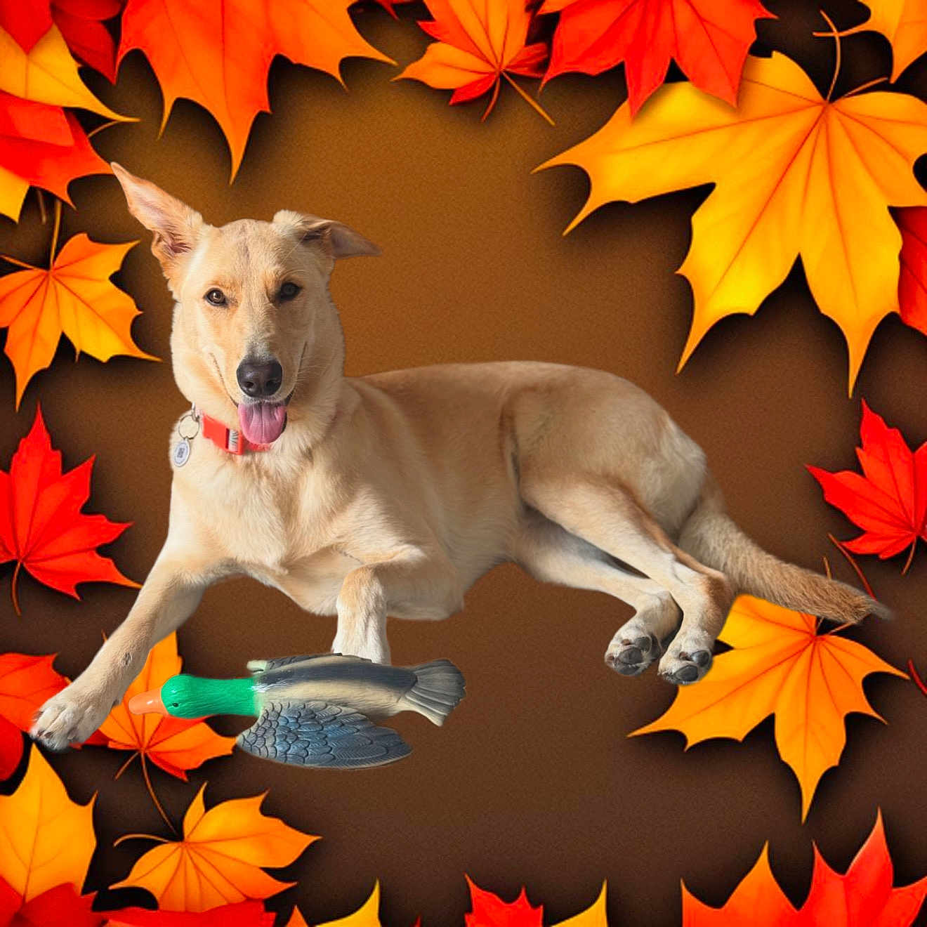 Daisy May is registered to the contest to win money with this photo: dog, autumn, fall, leaves, orange, yellow, red, toy, duck_toy, pet, canine, collar, playful, laying_down, background, nature_theme, seasonal, animal, portrait, happy