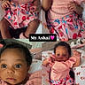 baby, infant, child, pink_clothing, patterned_shorts, cushion, butterfly_print, collage, portrait, cute, wide_eyes, hand_gesture, lying_down, indoor, soft_lighting, newborn, adorable, person, small_hands, expression