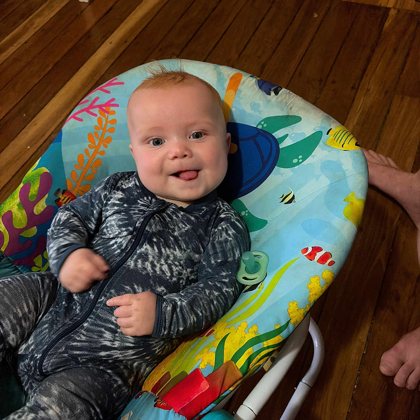 Theodore joined the competition — help win amazing prizes! baby, infant, smiling, tongue_out, baby_seat, colorful, aquatic_theme, wooden_floor, bare_feet, clothing, onesie, indoor, person, cute, happy, child, seat, floor, playful, portrait