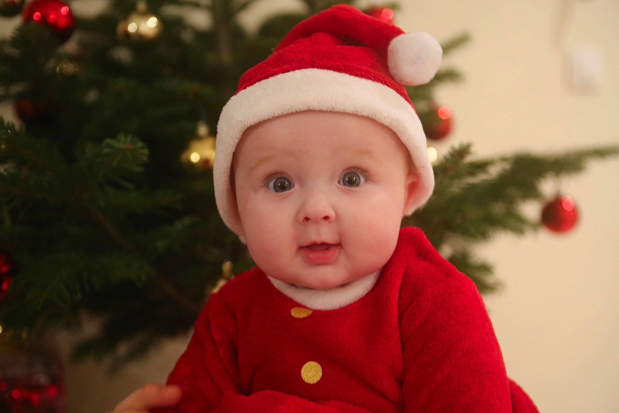 Adélina a rejoint le concours — aidez-le/la à gagner de superbes lots ! baby, child, christmas, christmas_decoration, christmas_eve, christmas_ornament, christmas_tree, conifer, event, fictional_character, fir, happy, headwear, holiday, interior_design, person, plant, red, santa_claus, smile