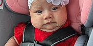 Madison joined the competition — help win amazing prizes! baby, car_seat, child, child_safety, closeup, cute, expression, face, flower, gray_fabric, headband, indoors, infant, newborn, pink_cushion, portrait, red_clothing, safety_harness, seatbelt, white_mittens