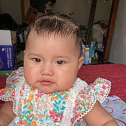 Madison joined the competition — help win amazing prizes! adorable, baby, bedroom, bottle, box, cheeks, child, dress, dresser, eyes, face, floral_dress, hair, infant, mirror, pigtails, portrait, skin_care, tabletop, towel