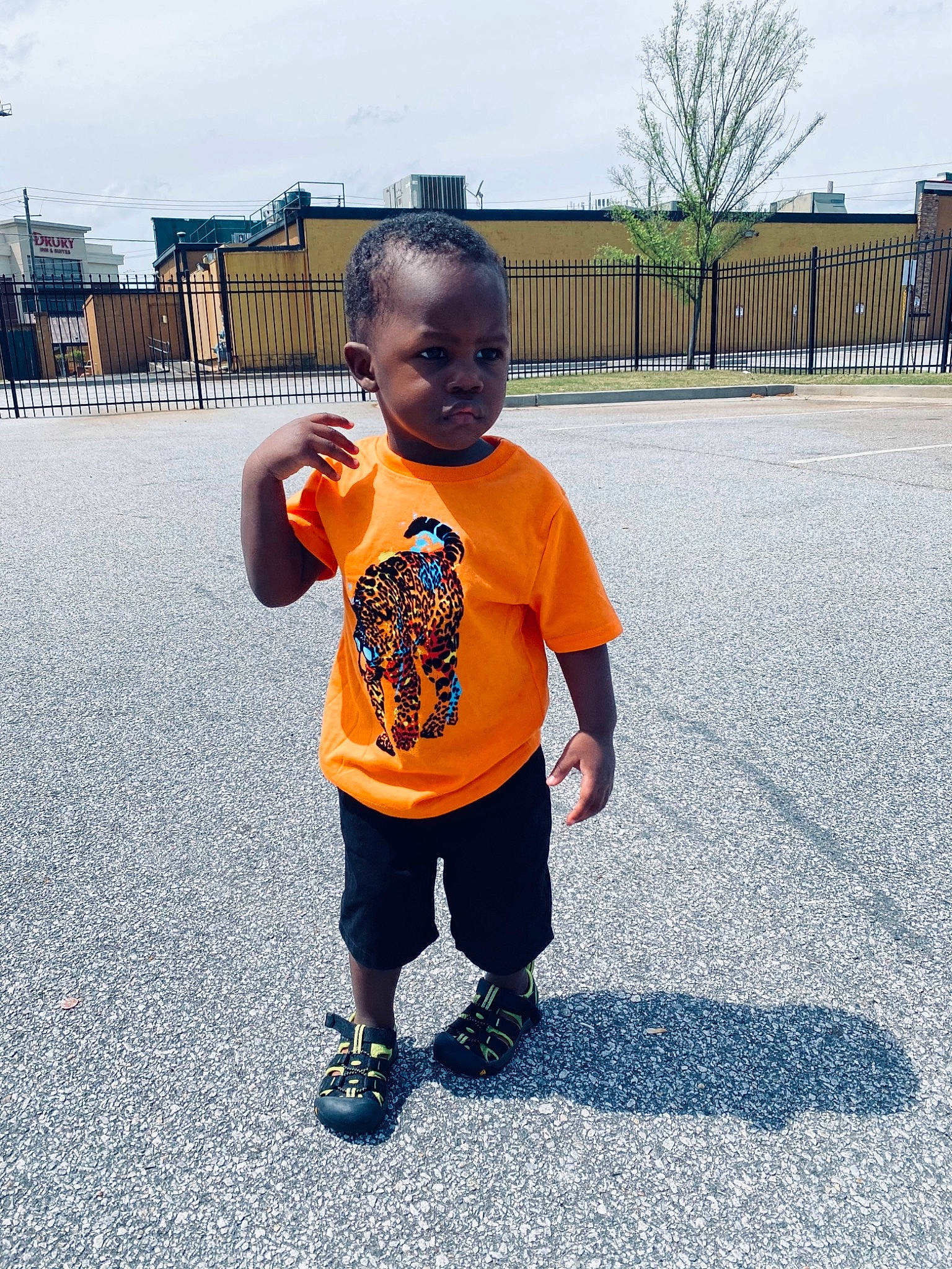 Micheal is registered to the contest to win money with this photo: asphalt, baby_toddler_clothing, child, cool, electric_blue, facial_expression, hairstyle, happy, leg, leisure, outerwear, person, public_space, sky, sleeve, sneakers, sportswear, street_fashion, t_shirt, toddler