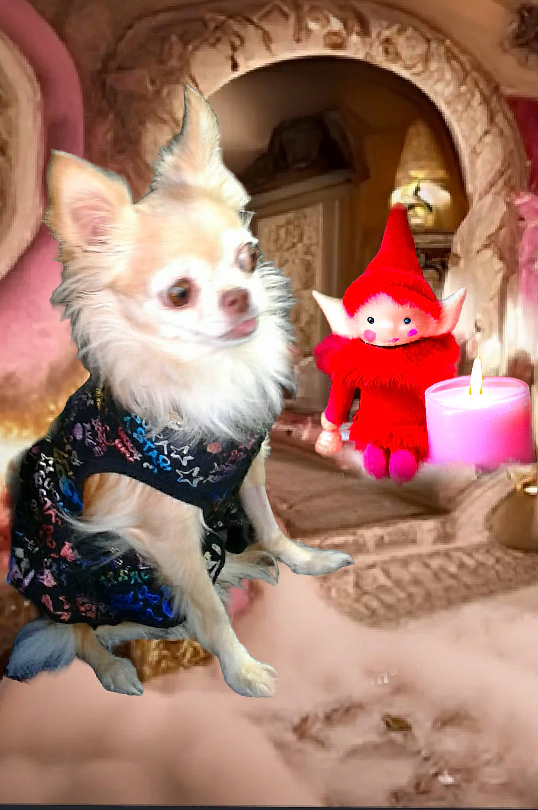 Kitty is registered to the contest to win money with this photo: carmine, carnivore, chihuahua, companion_dog, cone, dog, dog_breed, dog_clothes, dog_supply, event, fawn, fur, holiday, pink, snout, toy, toy_dog, whiskers, window, working_animal