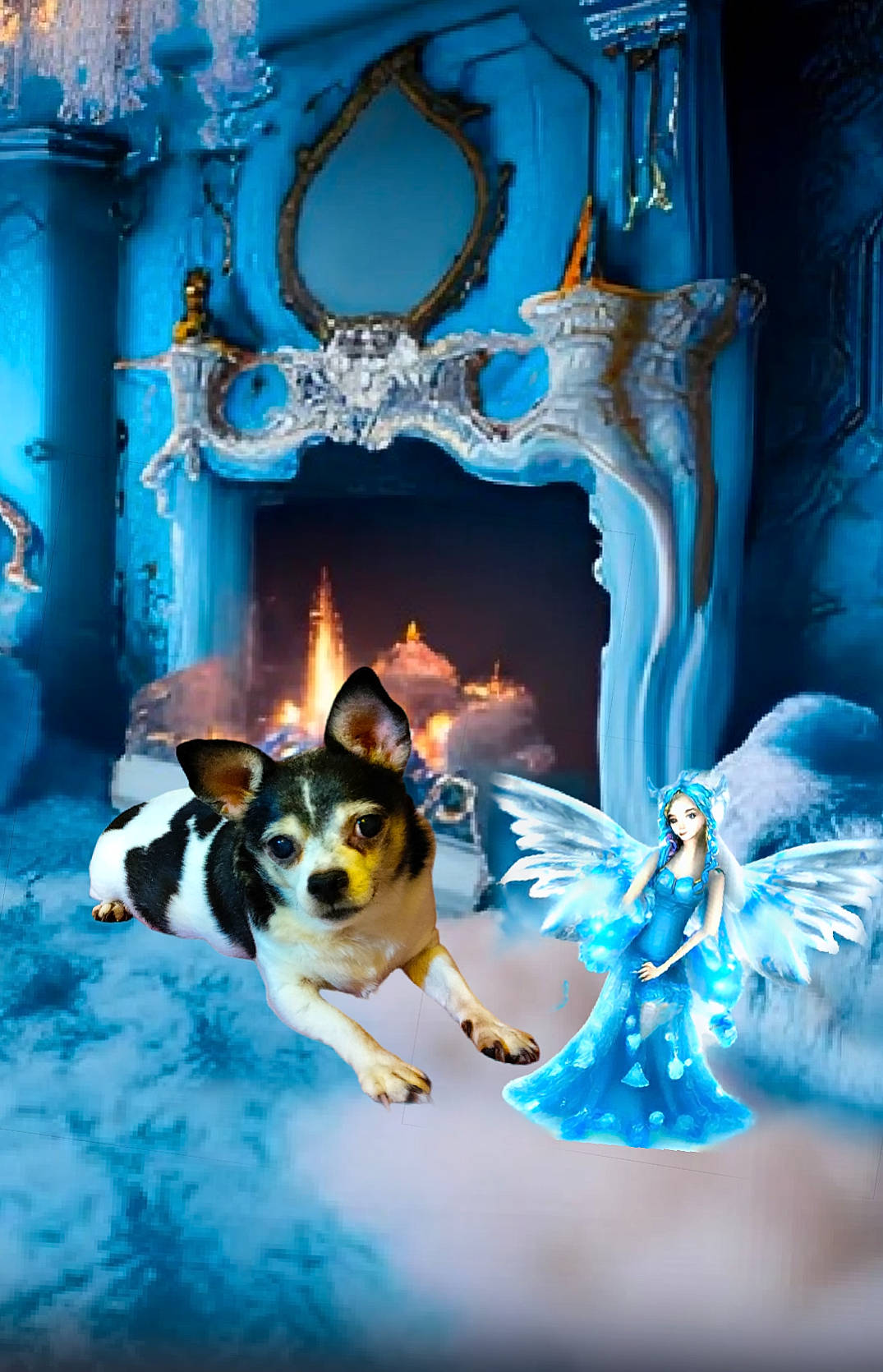 Poncho is registered to the contest to win money with this photo: aqua, art, azure, blue, carnivore, cg_artwork, christmas_decoration, christmas_ornament, electric_blue, event, fawn, fictional_character, fur, illustration, interior_design, light, ornament, vertebrate, wing, winter