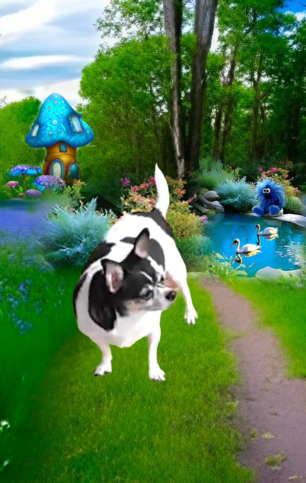 Poncho is registered to the contest to win money with this photo: art, carnivore, cloud, companion_dog, dog, dog_breed, fun, garden, grass, green, landscape, lawn, leisure, plant, recreation, shrub, sky, tail, tree, water
