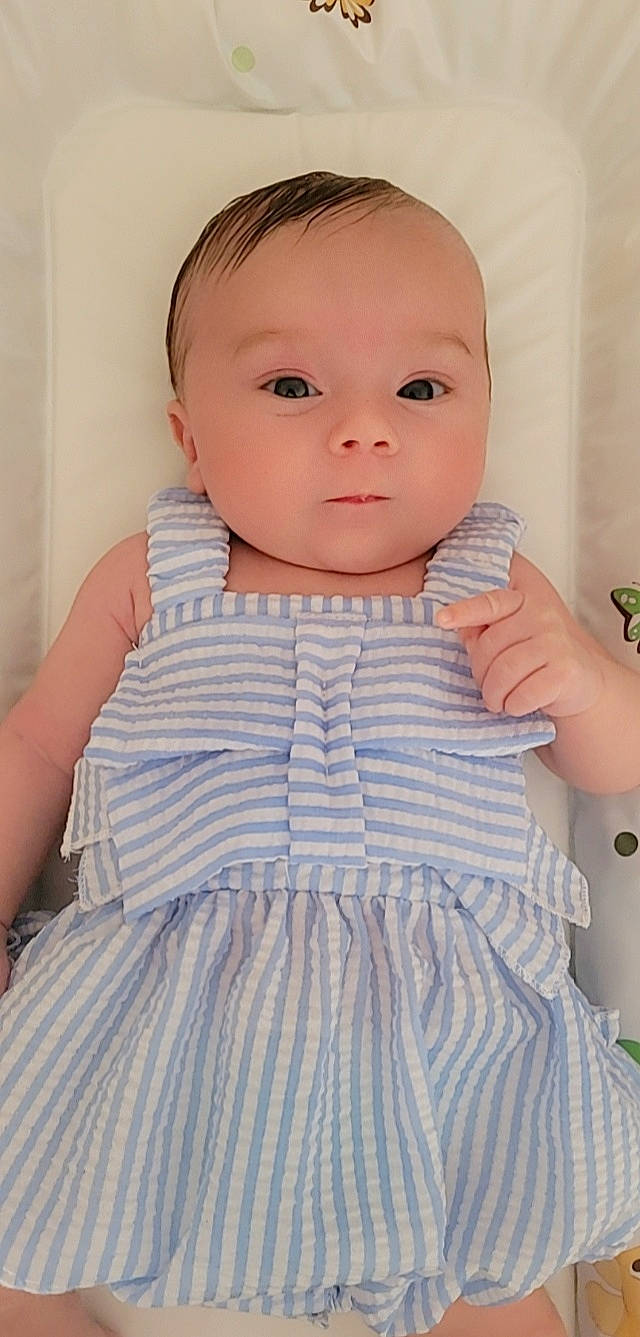 Eléanore a rejoint le concours — aidez-le/la à gagner de superbes lots ! azure, baby, baby_toddler_clothing, beauty, cheek, collar, day_dress, eyelash, face, neck, no_expression, one_piece_garment, pattern, pink, shoulder, skin, sleeve, standing, toddler, waist