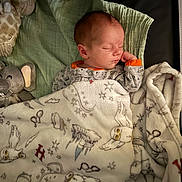 Noah is registered to the contest to win money with this photo: newborn, baby, sleeping, infant, portrait, blanket, swaddle, plush_toy, stuffed_animal, bedding, pillow, crib, indoors, cozy, peaceful, closed_eyes, onesie, nursery, soft_lighting, cuddly