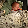 newborn, baby, sleeping, infant, portrait, blanket, swaddle, plush_toy, stuffed_animal, bedding, pillow, crib, indoors, cozy, peaceful, closed_eyes, onesie, nursery, soft_lighting, cuddly
