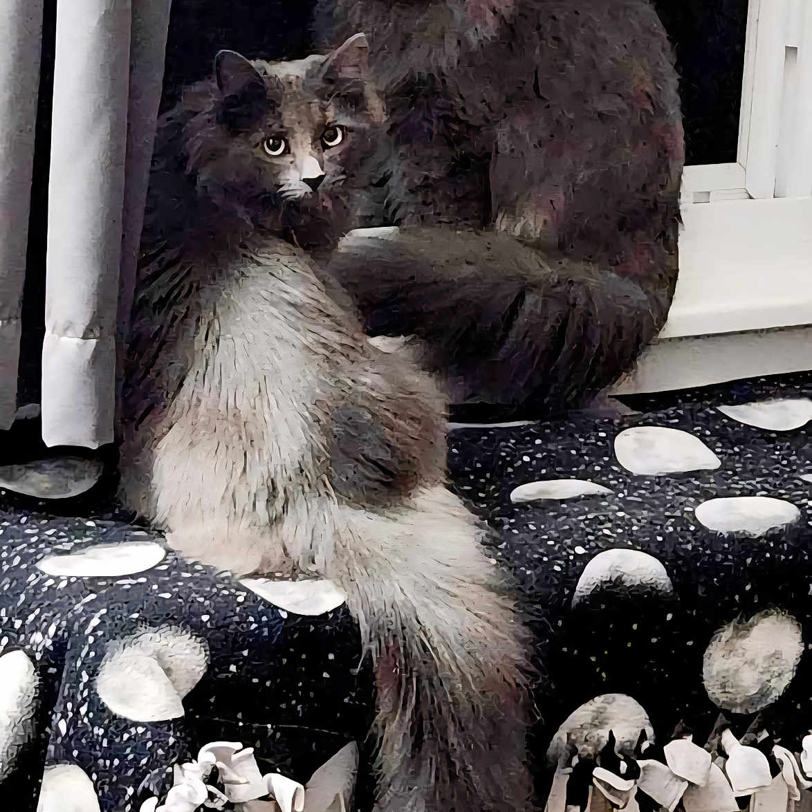 Harley And Willy is registered to the contest to win money with this photo: angora, animal, appliance, baby, blackcat, cat, couch, device, electricaldevice, fence, furniture, head, indoors, kitten, manx, person, pet, picket, radiator, railing