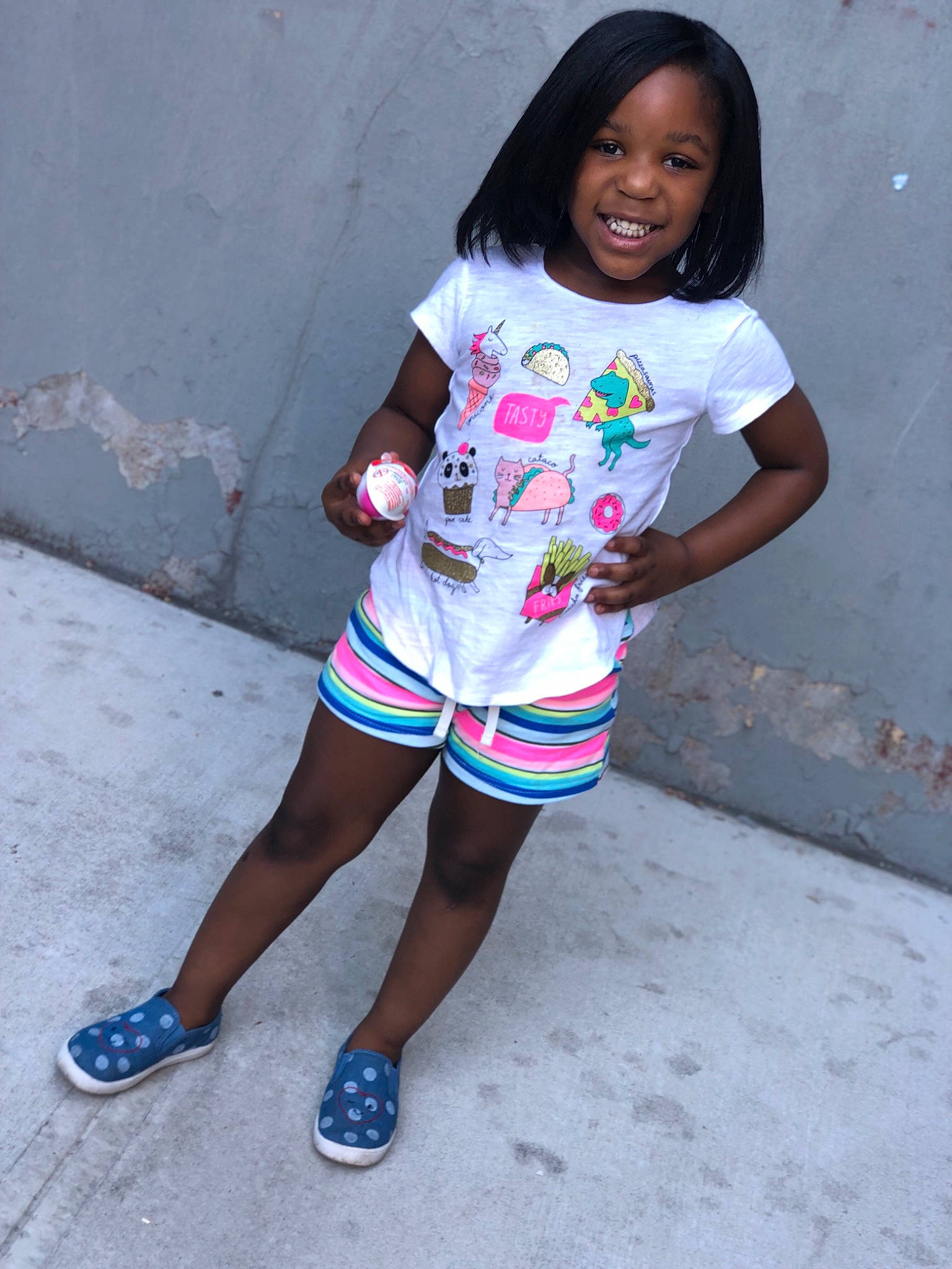 Nyomi is registered to the contest to win money with this photo: beauty, black_hair, child, fun, happy, joy, person, photography, pink, play, shoe, shorts, skin, smile, t_shirt, toddler, vacation, white