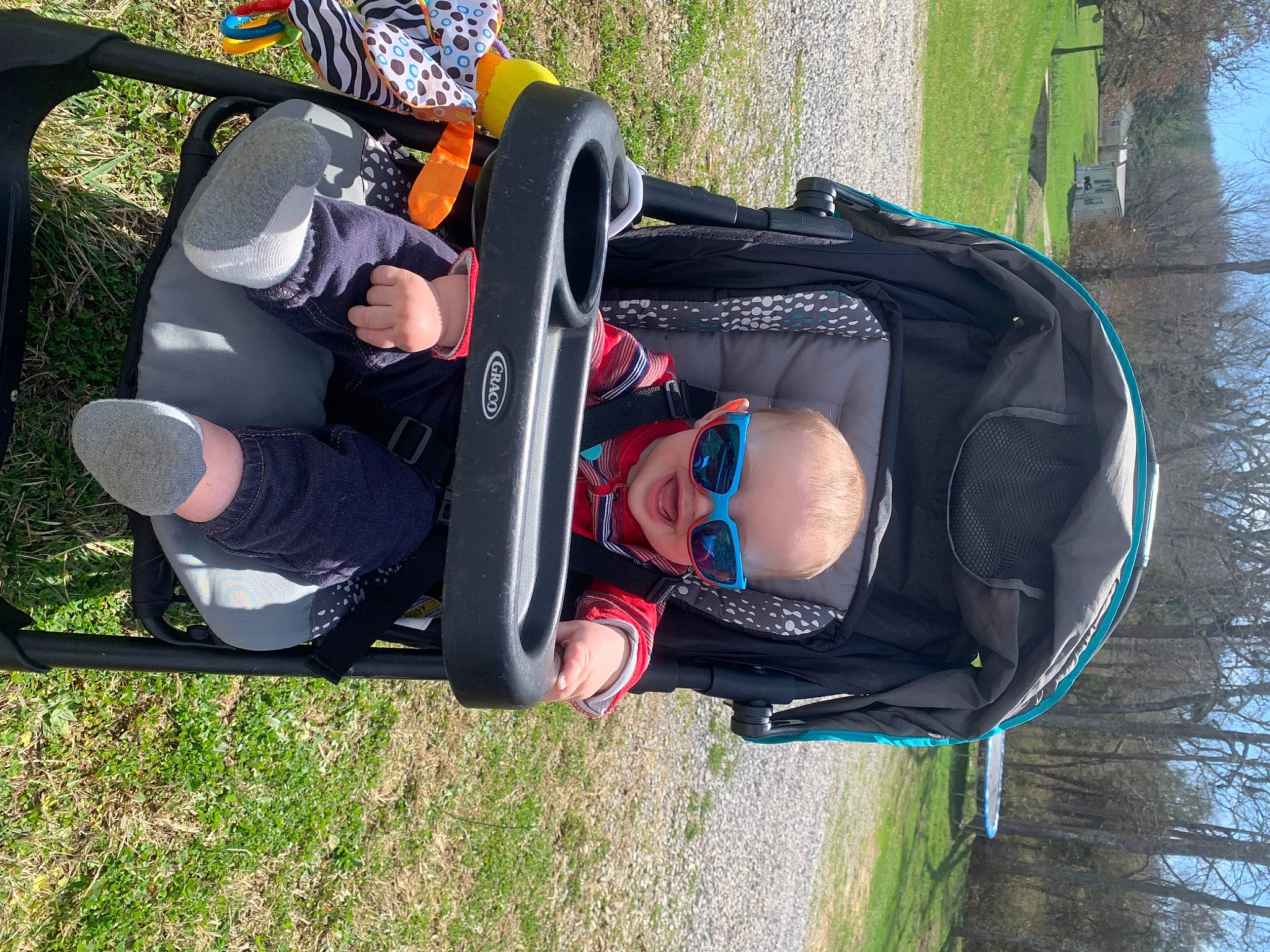 Hunter is registered to the contest to win money with this photo: auto_part, baby, baby_carriage, baby_products, baby_toddler_clothing, child, comfort, fun, grass, hat, leisure, person, personal_protective_equipment, plant, recreation, smile, toddler, tree