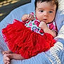 Annabel is registered to the contest to win money with this photo: baby, infant, red_tutu, strawberry_print, onesie, hair_clips, white_quilt, cozy, cute, portrait, child, outdoor, soft_lighting, hands, feet, expression, closeup, toddler, fashion, relaxed