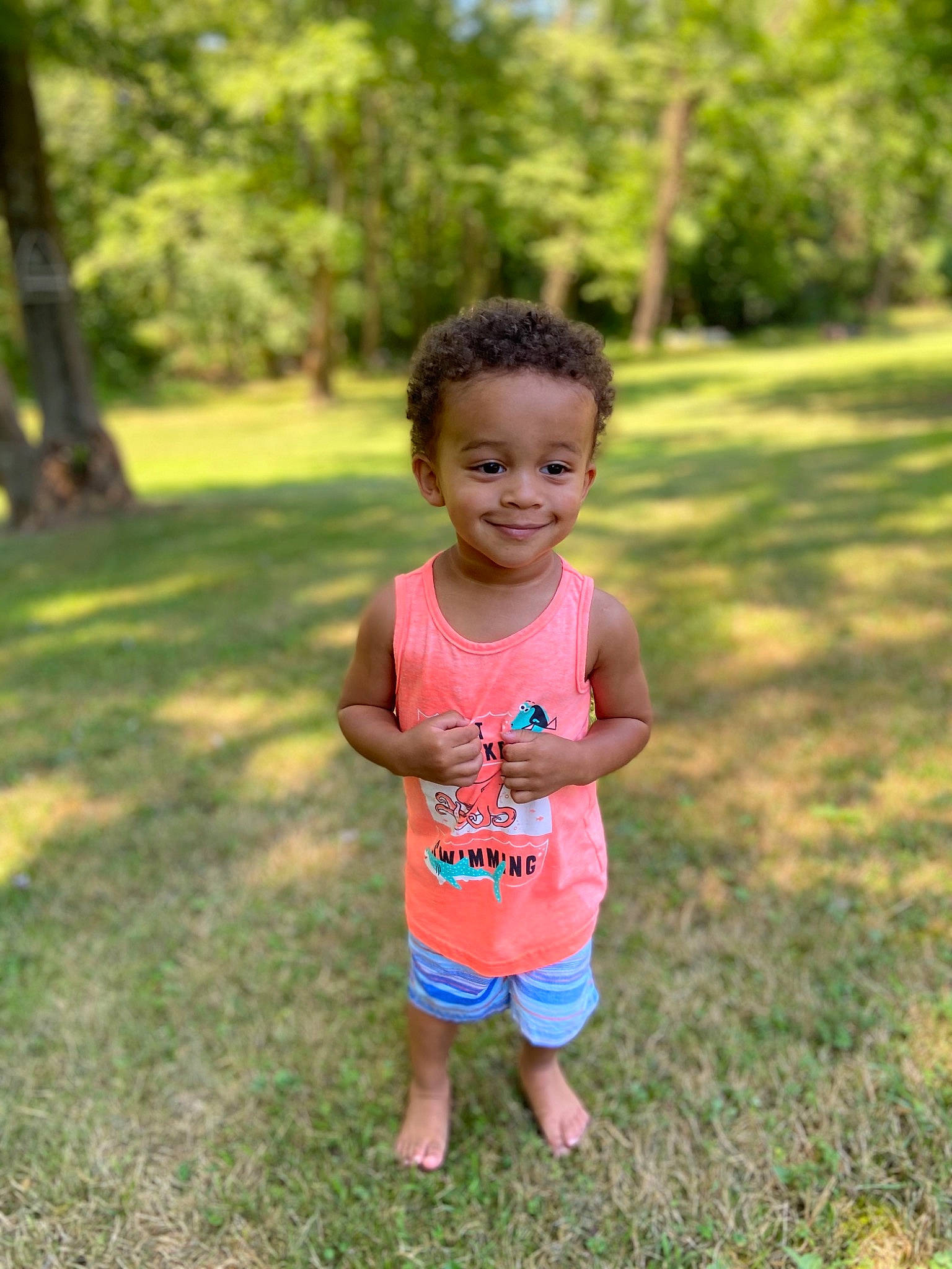 Jalen is registered to the contest to win money with this photo: child, exercise, fun, grass, happy, joy, leisure, park, people, person, pink, plant, play, recreation, running, smile, summer, toddler, tree, vacation