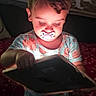 Kyler is registered to the contest to win money with this photo: toddler, child, pacifier, tablet, screen_light, curious, indoor, nighttime, pajamas, animal_print, bedroom, blanket, face, person, young_child, technology, hand, expression, cute, lighting