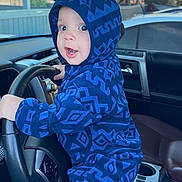 Liam is registered to the contest to win money with this photo: baby, child, blue_onesie, hoodie, car_interior, steering_wheel, seat, surprised_expression, infant, vehicle, hand_on_wheel, window, mirror, seatbelt, dashboard, cute, person, indoor, car_seat, young_child
