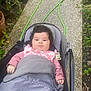 Blanca Lucia a rejoint le concours — aidez-le/la à gagner de superbes lots ! baby, stroller, blanket, outdoor, pathway, plants, potted_plants, greenery, infant, child, curly_hair, pink_clothing, gray_blanket, garden, sidewalk, nature, peaceful, cute, relaxed, daylight