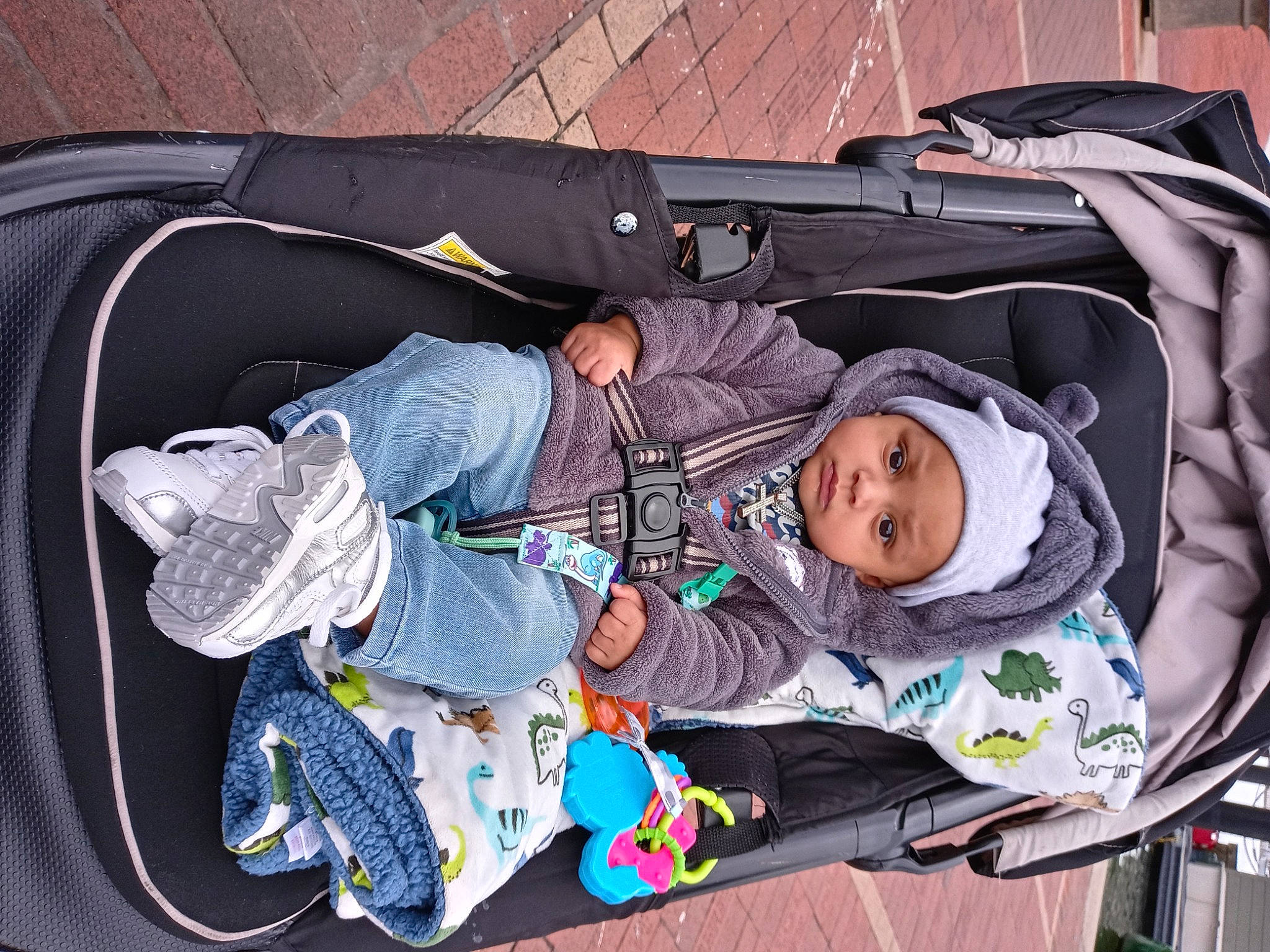 Keziah is registered to the contest to win money with this photo: auto_part, baby, baby_carriage, baby_products, baby_safety, baby_toddler_clothing, bag, baggage, child, comfort, headwear, lap, luggage_and_bags, person, product, sitting, toddler, travel, tree