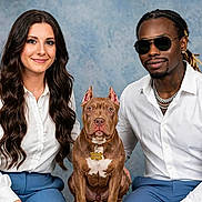 Ramses joined the competition — help win amazing prizes! blue_pants, casual, collar, dog, fashion, friendship, glasses, indoor, jewelry, man, name_tag, people, pet, pitbull, portrait, sitting, smiling, studio, white_shirt, woman