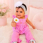 Ainhoa Pérez joined the competition — help win amazing prizes! baby, child, infant, portrait, smiling, sitting, pink_outfit, dress, headband, flower, daisy, floral, shoes, rug, pillow, cushion, indoor, pastel, nursery, cute