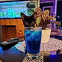 aquarium, black_cat, blue_drink, cat, coaster, curious, decor, drink, fish_tank, flower_pot, furniture, glass, ice, indoor, living_room, pet, plant, remote_control, table, wood_paneling