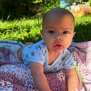 Izayah is registered to the contest to win money with this photo: baby, baby_boy, blanket, child, clothing, crawling, curious, daylight, expression, face, grass, greenery, infant, nature, outdoor, portrait, quilt, summer, sunlight, young_child