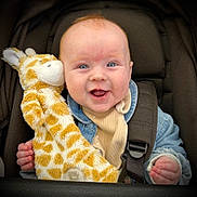 Alba is registered to the contest to win money with this photo: baby, child, smiling, plush_toy, giraffe, car_seat, seatbelt, denim_jacket, beige_clothing, happy, cute, infant, hand, face, portrait, indoor, childhood, soft_toy, pink_skin, bright_eyes