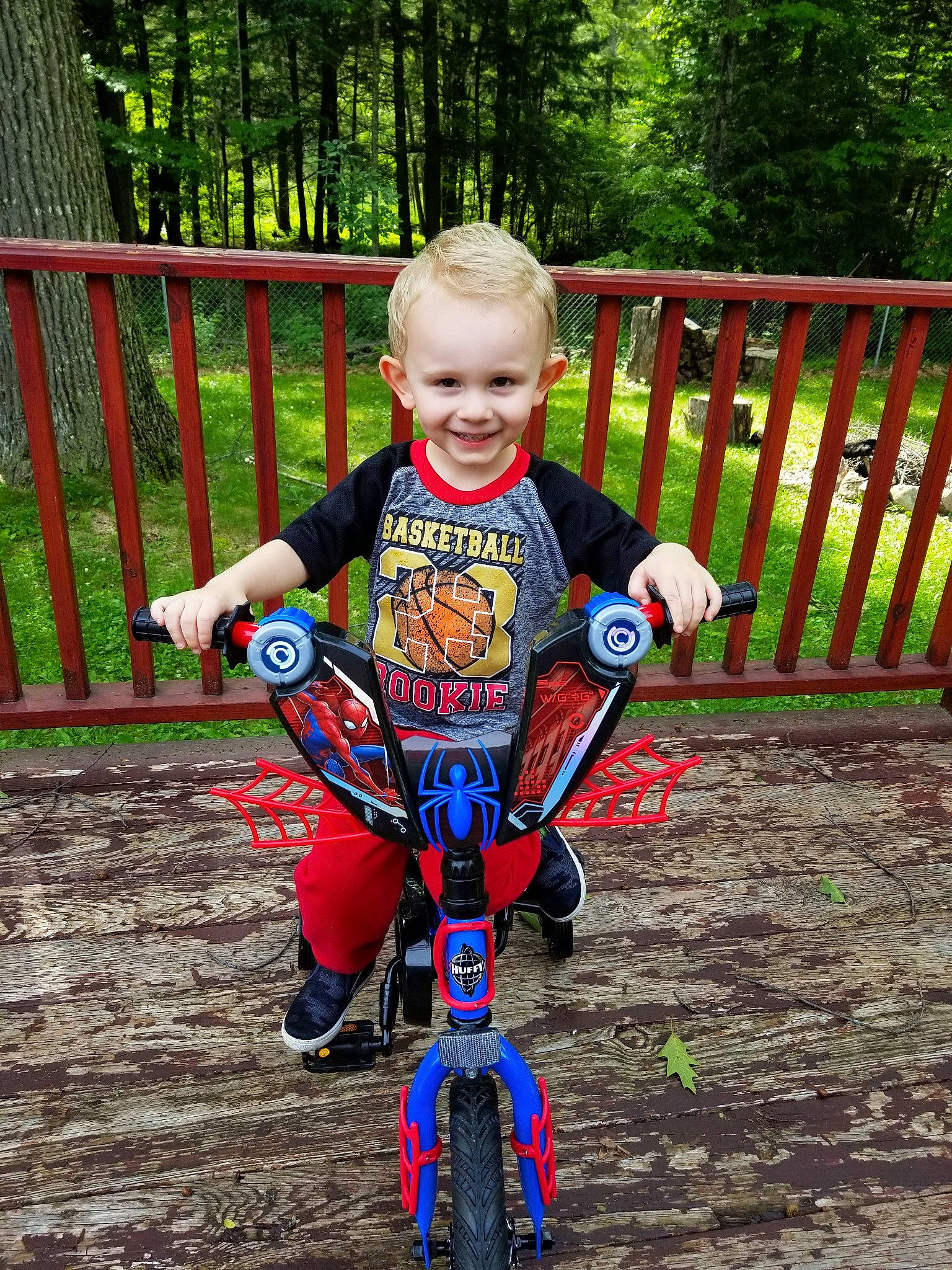 Alistair is registered to the contest to win money with this photo: bicycle, child, joy, person, play, recreation, smile, toddler, tree, vehicle