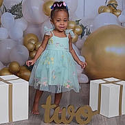 Kyomi joined the competition — help win amazing prizes! toddler, child, birthday, dress, balloons, gift_boxes, floor, hair_clips, party, celebration, smiling, indoor, decorations, gold, white, blue, cute, barefoot, girl, portrait
