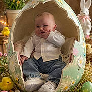Clayton participe au concours pour gagner de l'argent avec cette photo : baby, child, easter, egg, decorated_egg, flowers, daisies, chick, bunny, toy, grass, spring, cute, indoors, pastel_colors, polka_dots, white_shoes, jeans, cardigan, festive