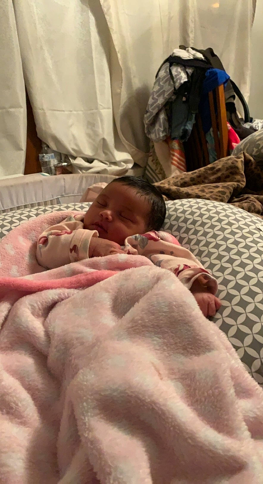 Shyanna is registered to the contest to win money with this photo: baby, backpack, bag, bed, bed_sheet, bedding, bedtime, blanket, child, comfort, event, flesh, hospital, linens, luggage_and_bags, nap, person, room, skin, textile