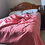 bedroom, bed, blanket, pink, dog, pillow, wooden_headboard, lamp, wall_art, nightstand, carpet, indoor, cozy, pet, sleeping_area, furniture, comfort, home, rest, relaxation