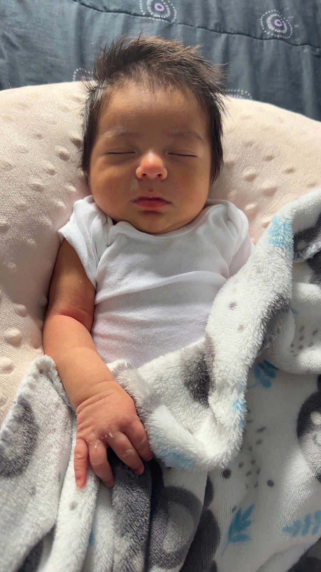 Dylan is registered to the contest to win money with this photo: baby, sleeping, blanket, cushion, infant, soft_texture, white_clothing, cozy, peaceful, resting, child, portrait, indoor, newborn, human, cute, relaxing, toddler, hand, face