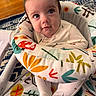 Angelo is registered to the contest to win money with this photo: baby, infant, child, face, eyes, clothing, baby_seat, patterned_fabric, colorful, indoor, floor, wooden_floor, rug, blue_rug, cute, person, sitting, closeup, portrait, cozy