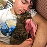 affection, arm, bedroom, blanket, cat, closed_eyes, comfort, cuddle, curly_hair, face, facial_hair, hand, indoor, pink_blanket, relaxation, resting, skin, sleeping, tabby_cat, young_man