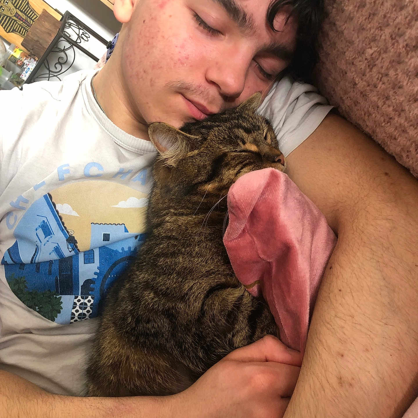 Lucky participe au concours pour gagner de l'argent avec cette photo : young_man, cat, tabby_cat, sleeping, cuddle, blanket, pink_blanket, arm, face, closed_eyes, curly_hair, facial_hair, indoor, bedroom, resting, relaxation, skin, hand, comfort, affection