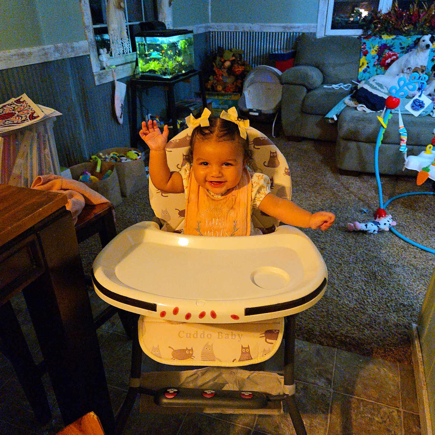 Wrenleigh joined the competition — help win amazing prizes! baby, bow, carpet, child, couch, curtain, dog, fish_tank, floor, furniture, hair, happy, high_chair, indoor, living_room, person, smiling, table, toy, window